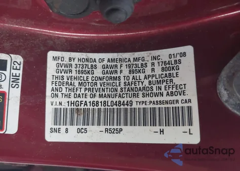 2008 Honda Civic Ex from USA, damaged, VIN 1HGFA16818L048449